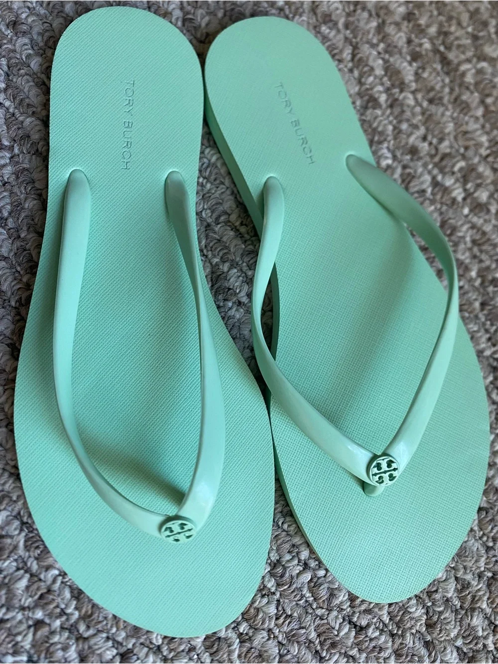 Tory Burch Mint Green Flip Flop Sandals with Logo Medallion